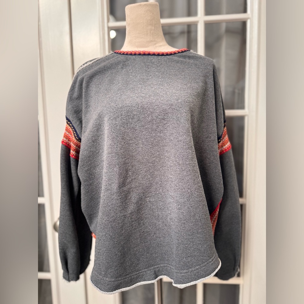 Natural Life L/XL Cozy Gray Pullover Sweatshirt Boho Woven Sleeve Trim Cotton